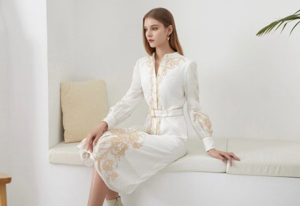 Amelie Embroidered Belted Dress Warm Sand - Image 2